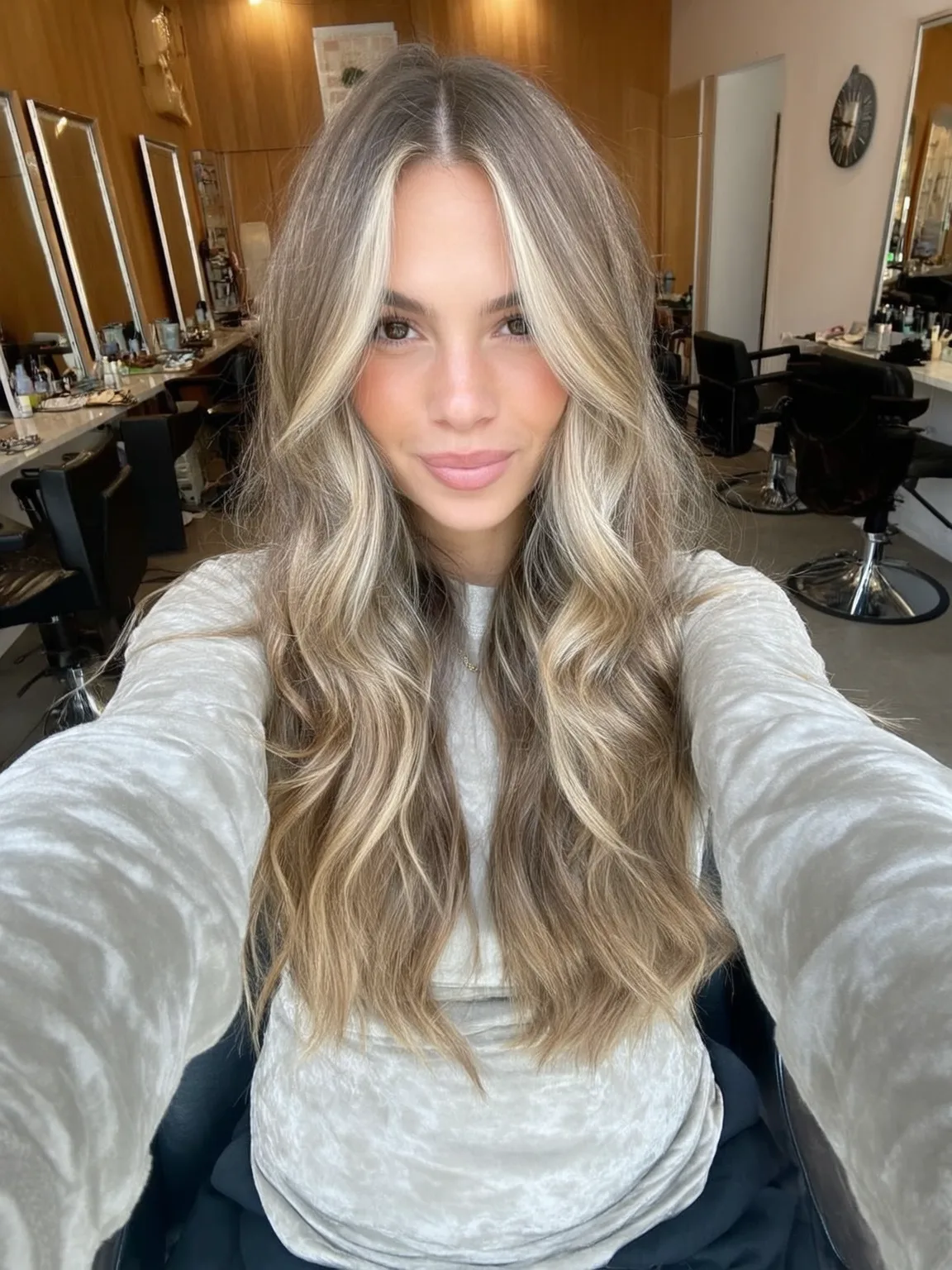 Voluminous Long Wavy Layers in Ash Blonde Balayage